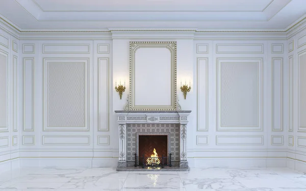 A classic interior is in light tones with fireplace. 3d rendering. — Stock Photo, Image