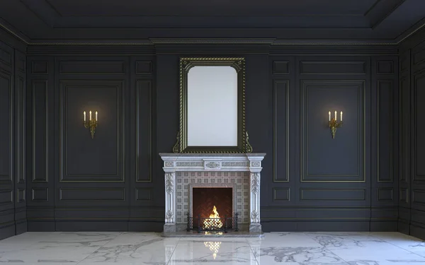 Un interior clásico está en tonos oscuros con chimenea. renderizado 3d . — Foto de Stock