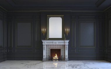 Koyu tonlarda şömineli bir klasik iç kısmıdır. 3D render.