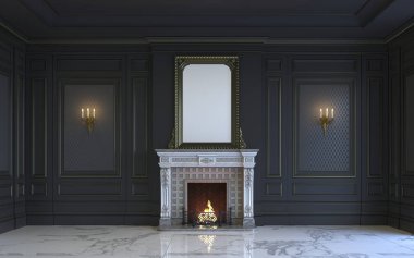 Koyu tonlarda şömineli bir klasik iç kısmıdır. 3D render.