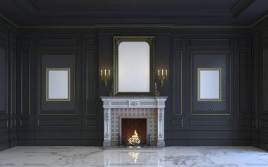 Koyu tonlarda şömineli bir klasik iç kısmıdır. 3D render.