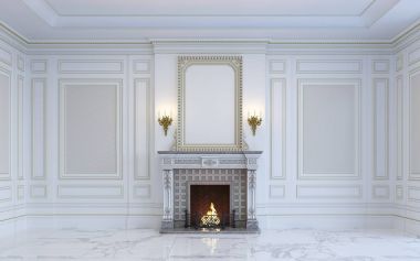 Klasik bir iç şömine ile hafif tonları mevcuttur. 3D render.