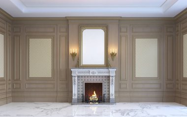 Klasik bir iç ahşap Lambri ve şömine ile. 3D render.