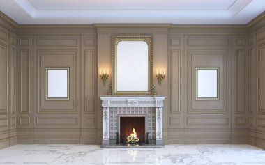 Klasik bir iç ahşap Lambri ve şömine ile. 3D render.