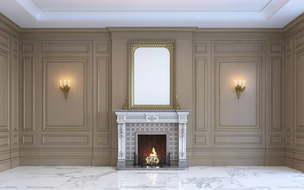 Un interior clásico con paneles de madera y chimenea. renderizado 3d . —  Fotos de Stock
