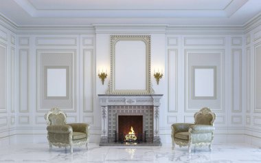 Klasik bir iç şömine ile hafif tonları mevcuttur. 3D render.