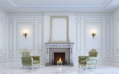 Klasik bir iç şömine ile hafif tonları mevcuttur. 3D render.