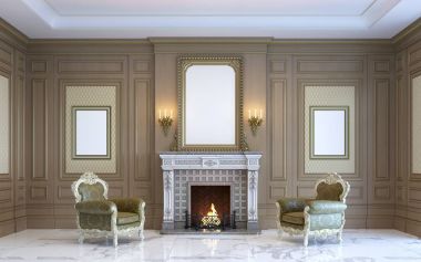 Klasik bir iç ahşap Lambri ve şömine ile. 3D render.