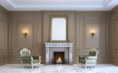 Klasik bir iç ahşap Lambri ve şömine ile. 3D render.