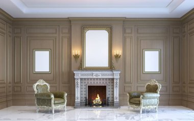 Klasik bir iç ahşap Lambri ve şömine ile. 3D render.