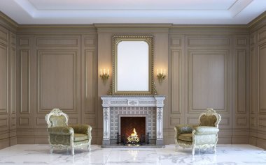 Klasik bir iç ahşap Lambri ve şömine ile. 3D render.