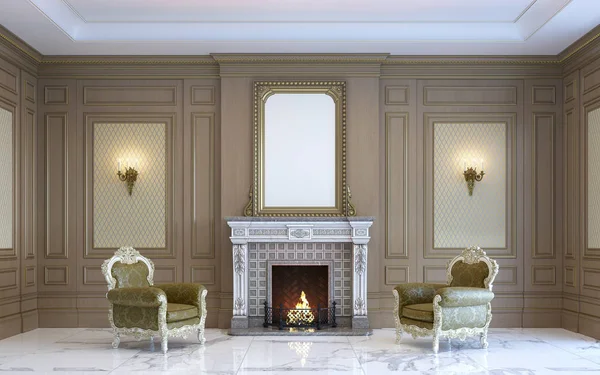 Un interior clásico con paneles de madera y chimenea. 3d renderizar . — Foto de Stock