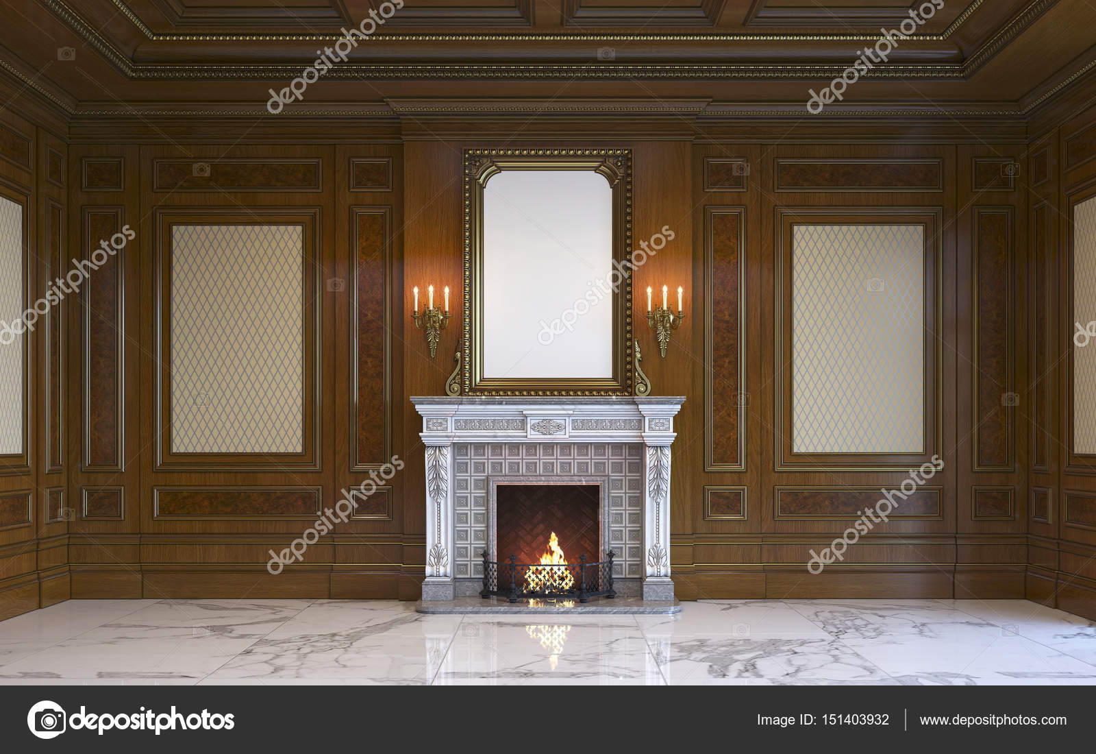 A Classic Interior With Wood Paneling And Fireplace 3d Rendering