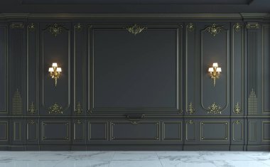 Siyah duvar panelleri klasik tarzı altın yaldız ile. 3D render