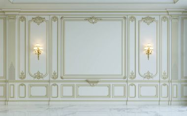 Beyaz duvar panelleri klasik tarzı altın yaldız ile. 3D render
