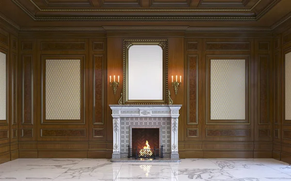 Een klassiek interieur met houten lambrisering en open haard. 3D-rendering. — Stockfoto