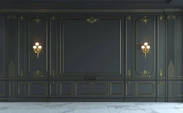 Black wall panels in classical style with gilding. 3d rendering — Stock Image Black wall panels in classical style with gilding. 3d rendering Stock Photo