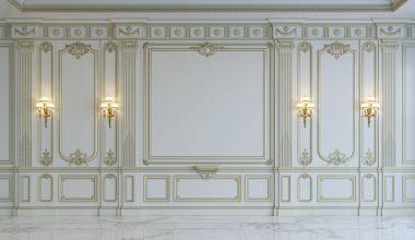 Beyaz duvar panelleri klasik tarzı altın yaldız ile. 3D render