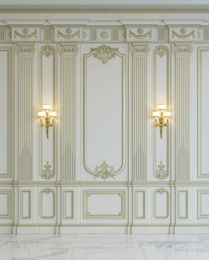 Beyaz duvar panelleri klasik tarzı altın yaldız ile. 3D render