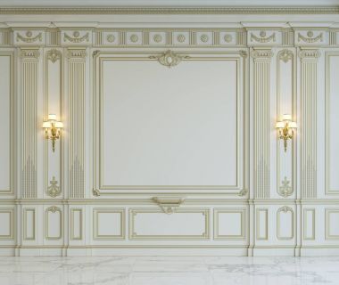 Beyaz duvar panelleri klasik tarzı altın yaldız ile. 3D render