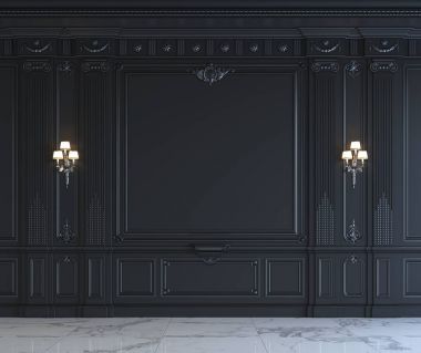 Siyah duvar panelleri silvering ile klasik tarzı. 3D render