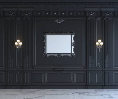 Siyah duvar panelleri silvering ile klasik tarzı. 3D render