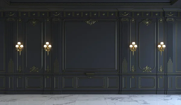 Černá stěna panely v klasickém stylu se zlacením. 3D vykreslování — Stock fotografie