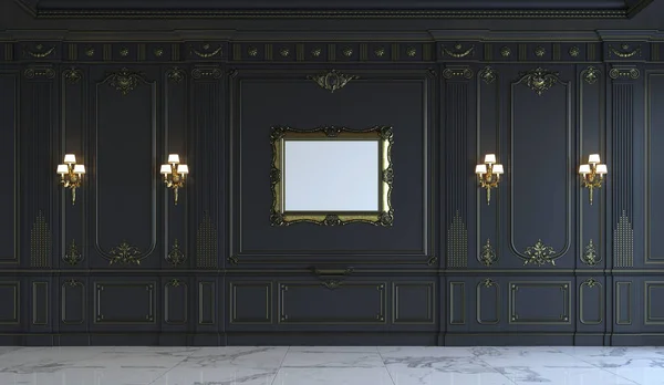 Black wall panels in classical style with gilding. 3d rendering — Stock Photo, Image
