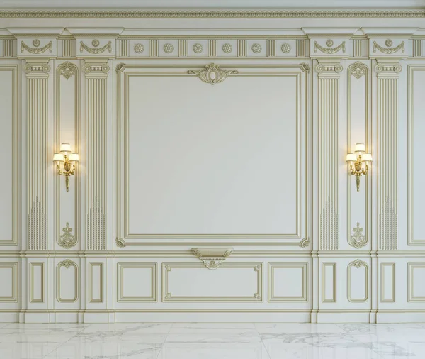 Paneles de pared blancos de estilo clásico con dorado. renderizado 3d — Foto de Stock