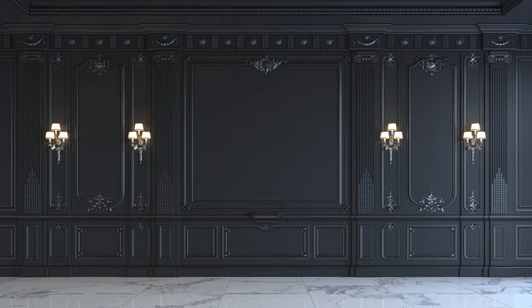 Painéis de parede preta em estilo clássico com prateamento. Renderização 3d — Fotografia de Stock