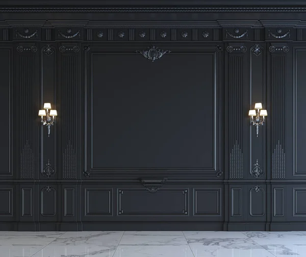 Černá stěna panely v klasickém stylu s stříbření. 3D vykreslování — Stock fotografie