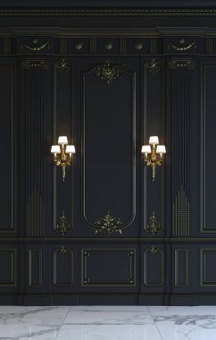 Siyah duvar panelleri klasik tarzı altın yaldız ile. 3D render