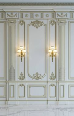 Beyaz duvar panelleri klasik tarzı altın yaldız ile. 3D render