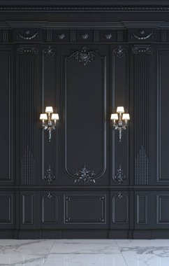 Siyah duvar panelleri silvering ile klasik tarzı. 3D render