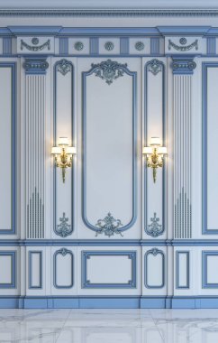 Klasik duvar panelleri yaldız ile mavi tonlarında. 3D render