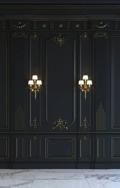 Paneles de pared negros de estilo clásico con dorado. renderizado 3d —  Fotos de Stock
