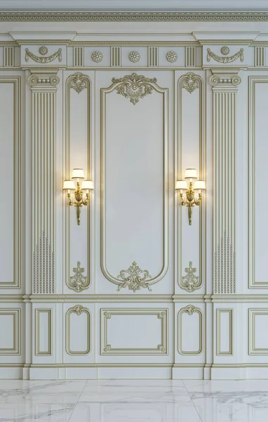 Paneles de pared blancos de estilo clásico con dorado. renderizado 3d —  Fotos de Stock