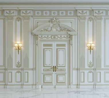 Beyaz duvar panelleri klasik tarzı altın yaldız ile. 3D render