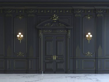 Siyah duvar panelleri klasik tarzı altın yaldız ile. 3D render