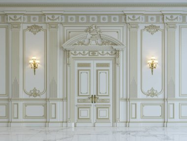 Beyaz duvar panelleri klasik tarzı altın yaldız ile. 3D render