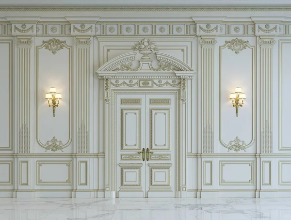 Paneles de pared blancos de estilo clásico con dorado. renderizado 3d — Foto de Stock