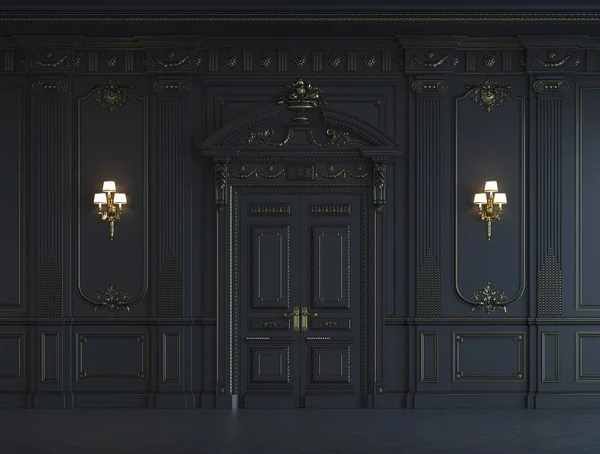 Black wall panels in classical style with gilding. 3d rendering — Stock Image Black wall panels in classical style with gilding. 3d rendering Stock Picture