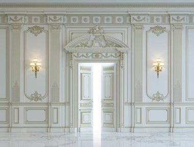 Beyaz duvar panelleri klasik tarzı altın yaldız ile. 3D render