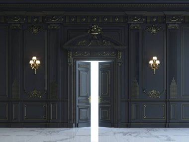 Siyah duvar panelleri klasik tarzı altın yaldız ile. 3D render