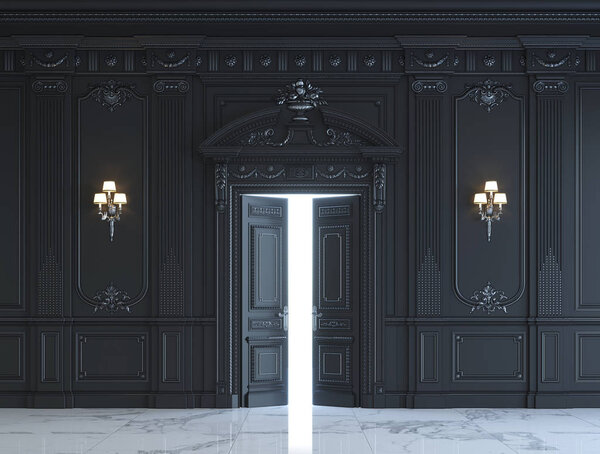 Черные стеновые панели в классическом стиле с серебристым покрытием. 3d-рендеринг
