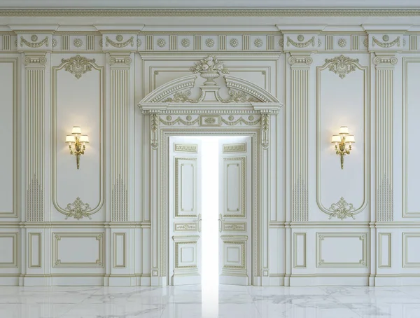 白色的墙板在镀金的古典风格。3d 渲染 — 图库照片