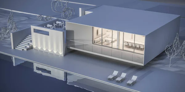 Hus i minimalistisk stil. Showroom. 3D-rendering. — Stockfoto