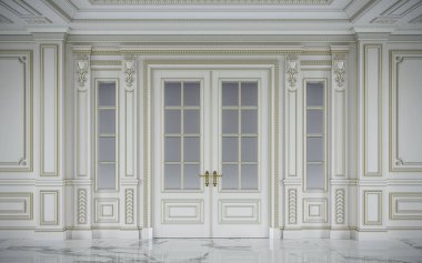 Beyaz duvar panelleri klasik tarzı altın yaldız ile. 3D render