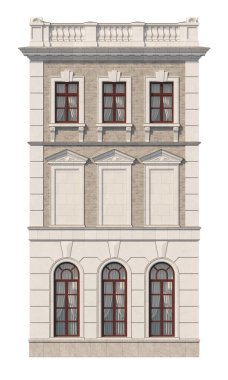 İki katlı klasik bir evin cephesi. 3B görüntüleme