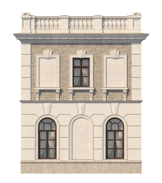 Pencereleri olan iki katlı klasik bir evin cephesi. 3B görüntüleme — Stok fotoğraf